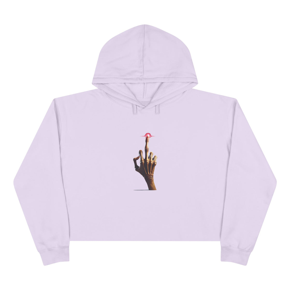 A light purple crop hoodie with a minimalist E.T.-inspired graphic of a hand with an extended glowing finger touching a small red spaceship.