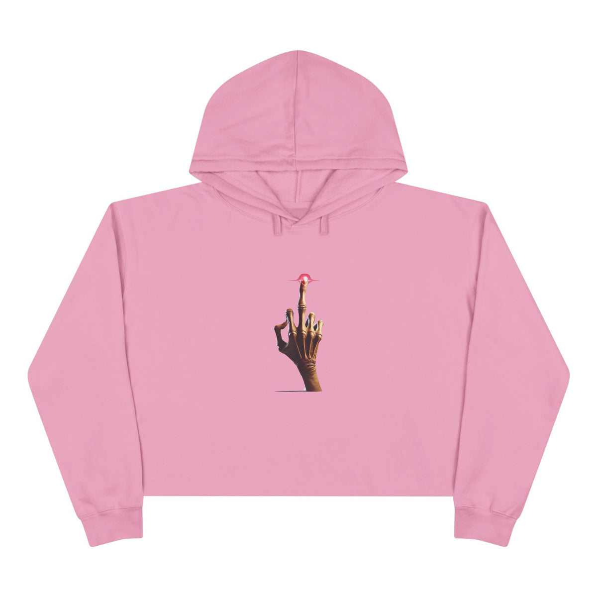A pink crop hoodie with a minimalist E.T.-inspired graphic of a hand with an extended glowing finger touching a small red spaceship.