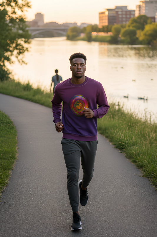 Earth’s 7.83 Hz Unisex Sweatshirt in plum worn by model jogging along a lakeside path at sunset