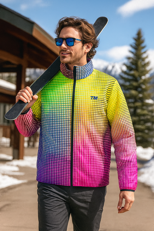 Electric Rainbow Gradient Men’s Lightweight Jacket front lifestyle photo with model outdoors wearing rainbow gradient jacket