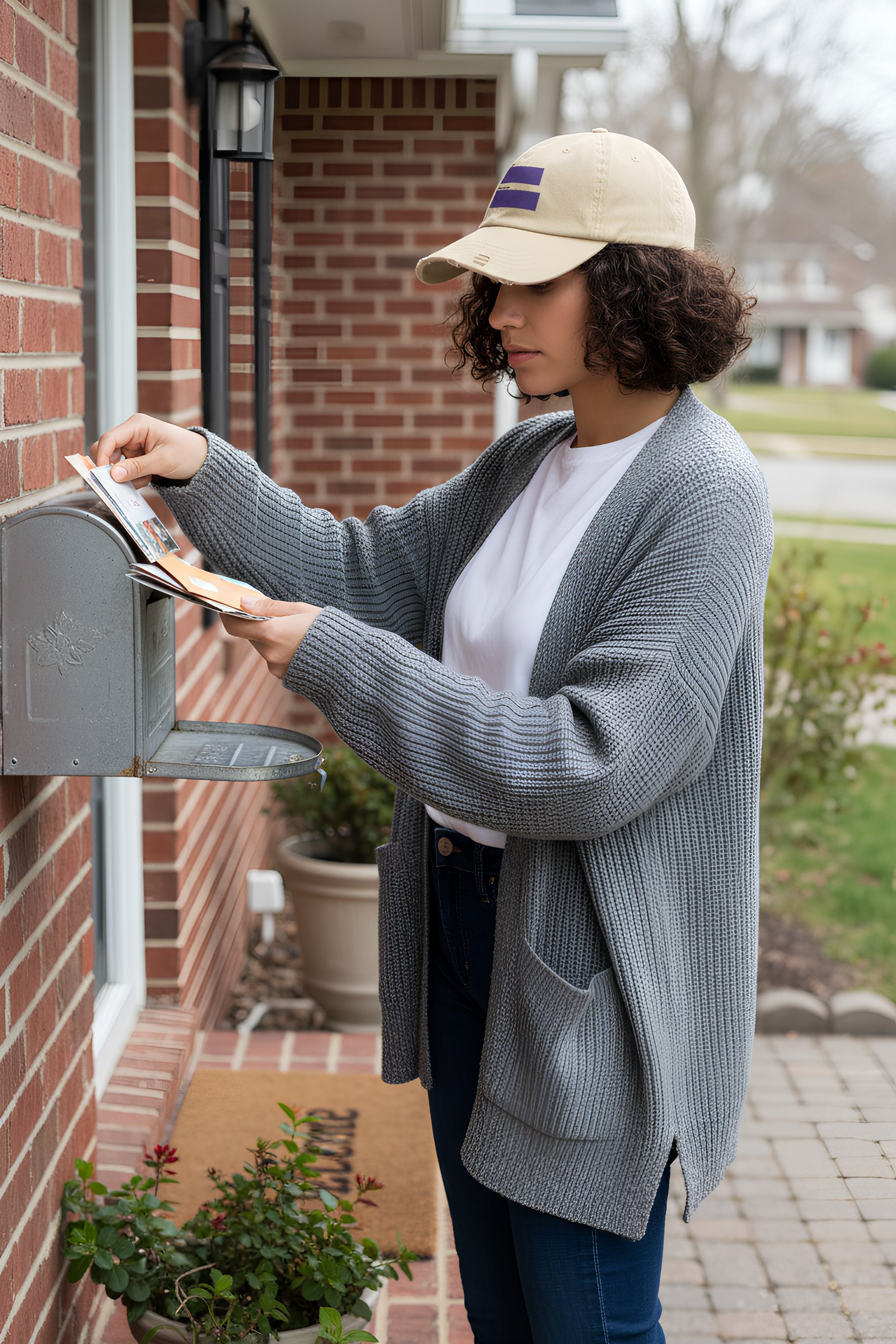 Person wearing Equal Pay Equality Cap while checking mail outside a brick home