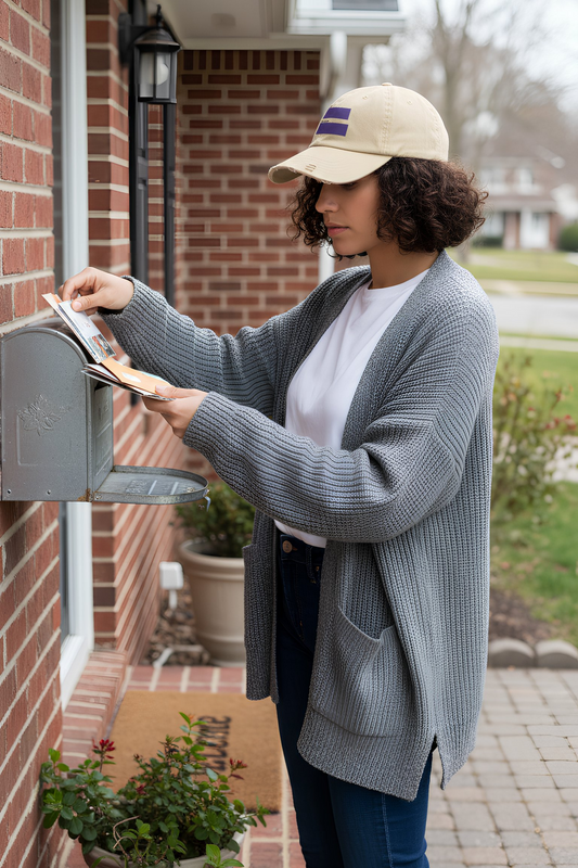 Person wearing Equal Pay Equality Cap while checking mail outside a brick home