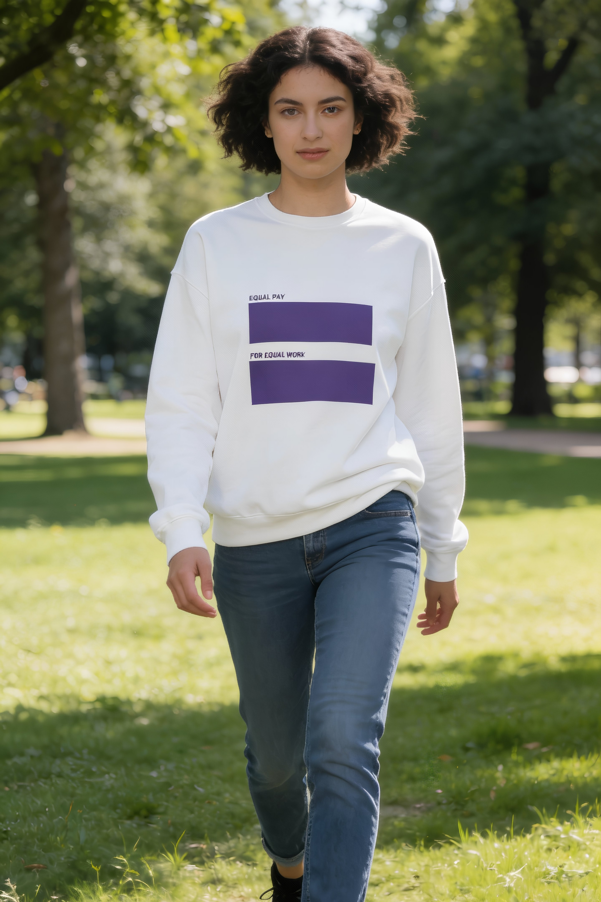Model walking outdoors wearing white Equal Pay For Equal Work sweatshirt