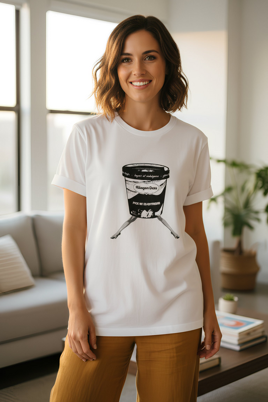 Woman wearing the white ex-boyfriend t-shirt with a graphic design in a living room.