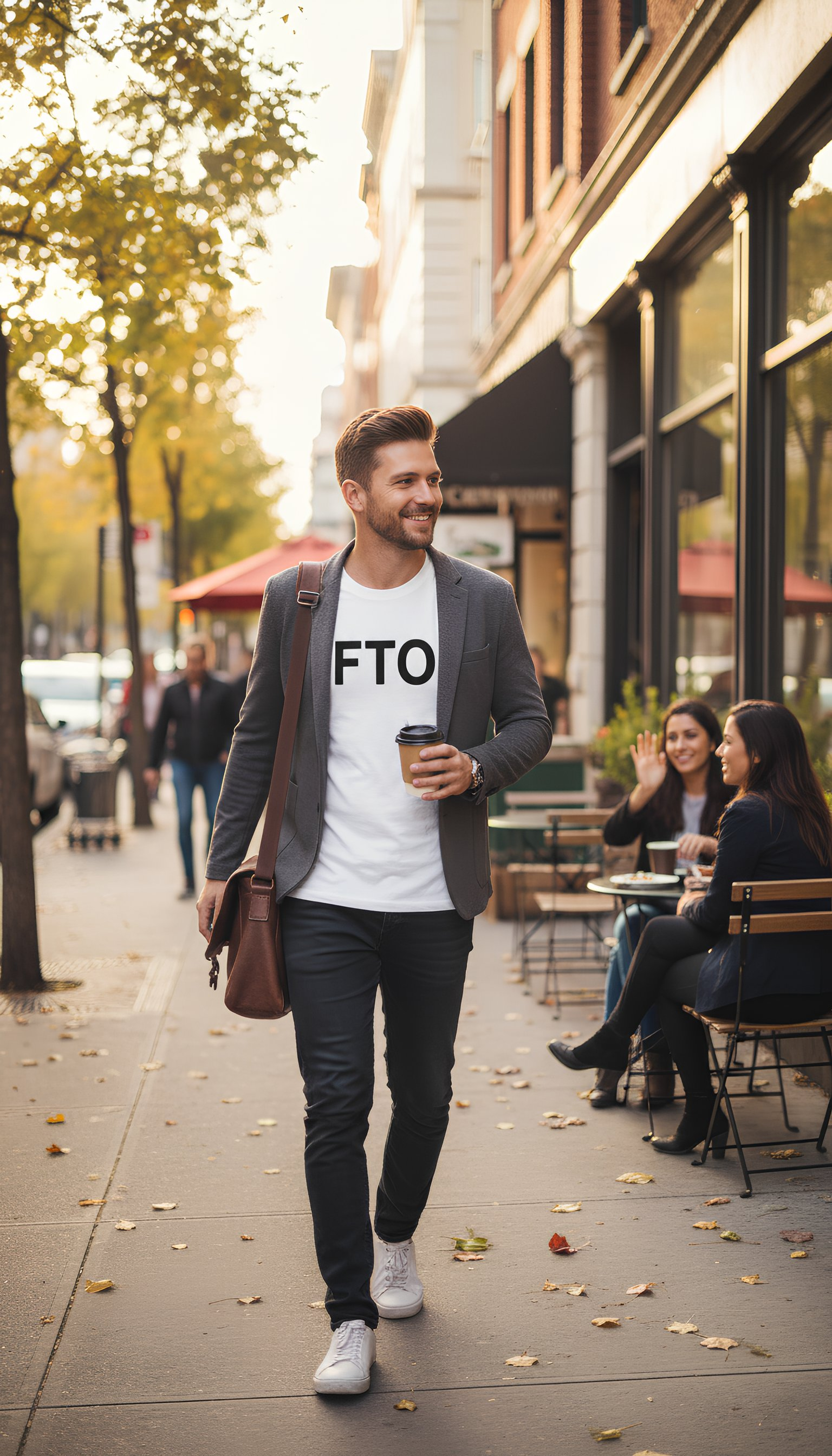 man wearing FTO shirt walking city sidewalk casual everyday look