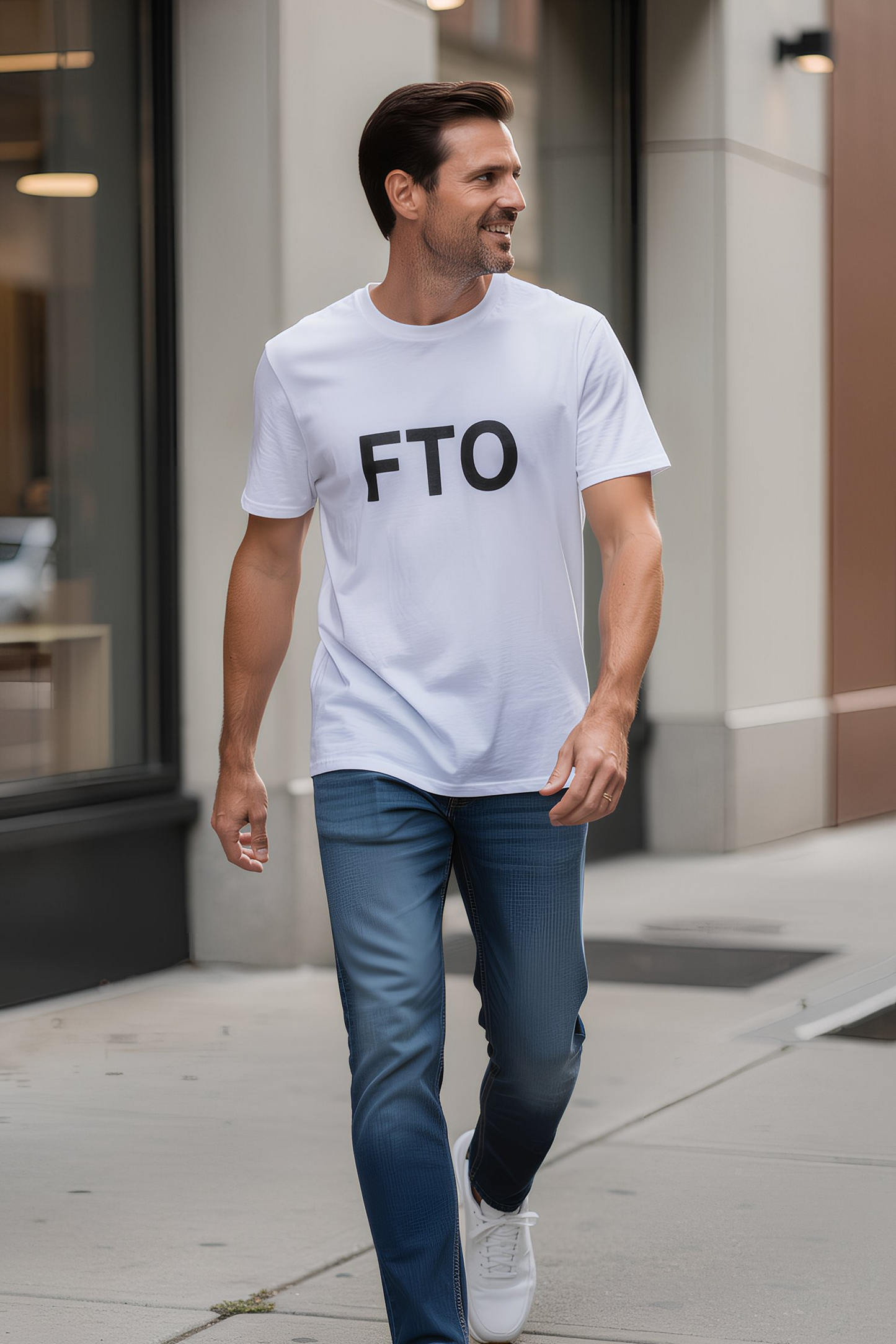 man wearing FTO t shirt walking urban street style outfit