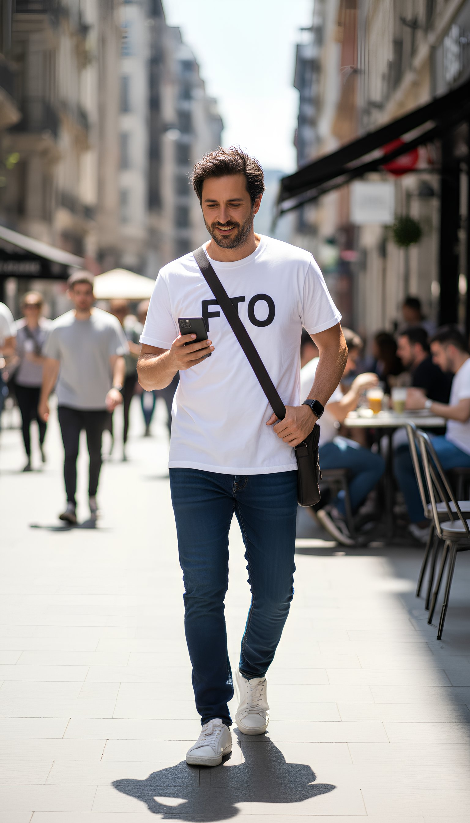 man wearing FTO t shirt full body streetwear outfit casual style