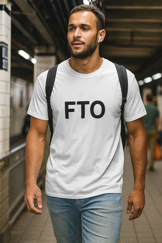 man wearing FTO t shirt walking in city street casual streetwear outfit
