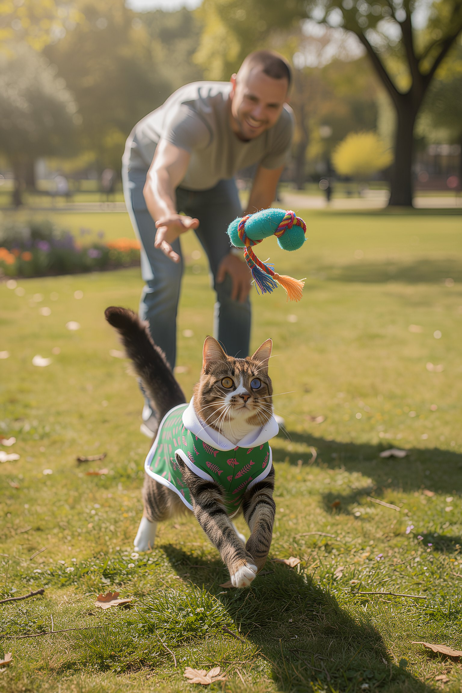 Cat wearing green fishbone pet hoodie playing 