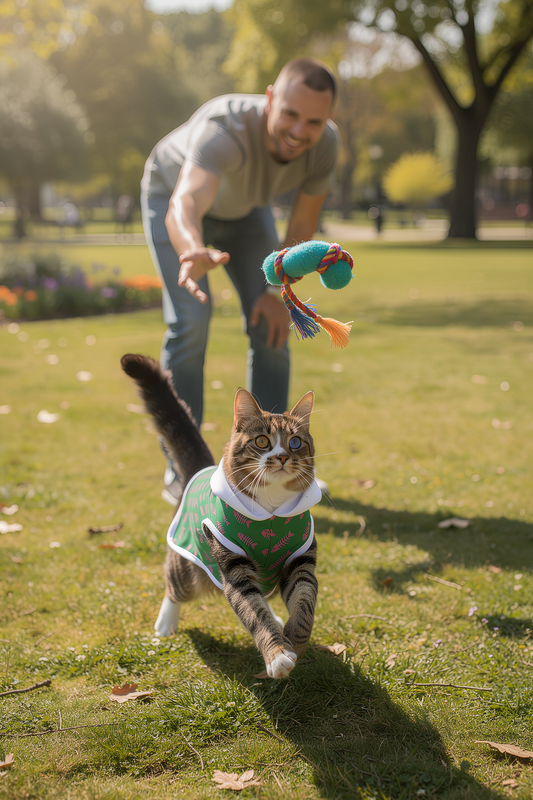 Cat wearing green fishbone pet hoodie playing 