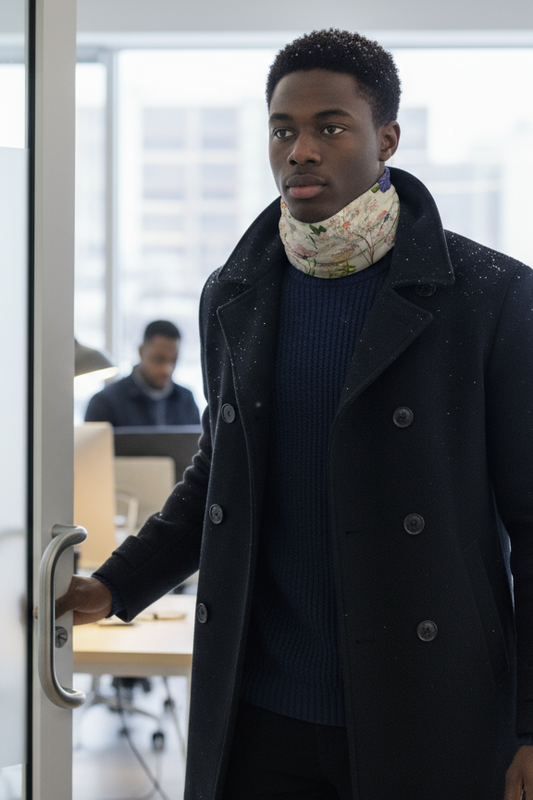Floral Tube Scarf worn as neck gaiter by male model entering office building