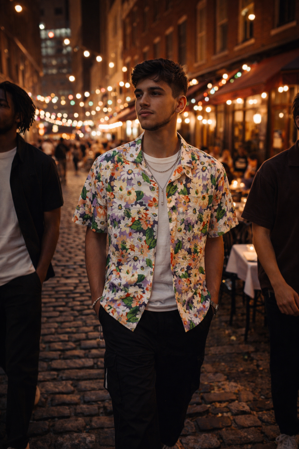 mens tropical button up evening streetwear look