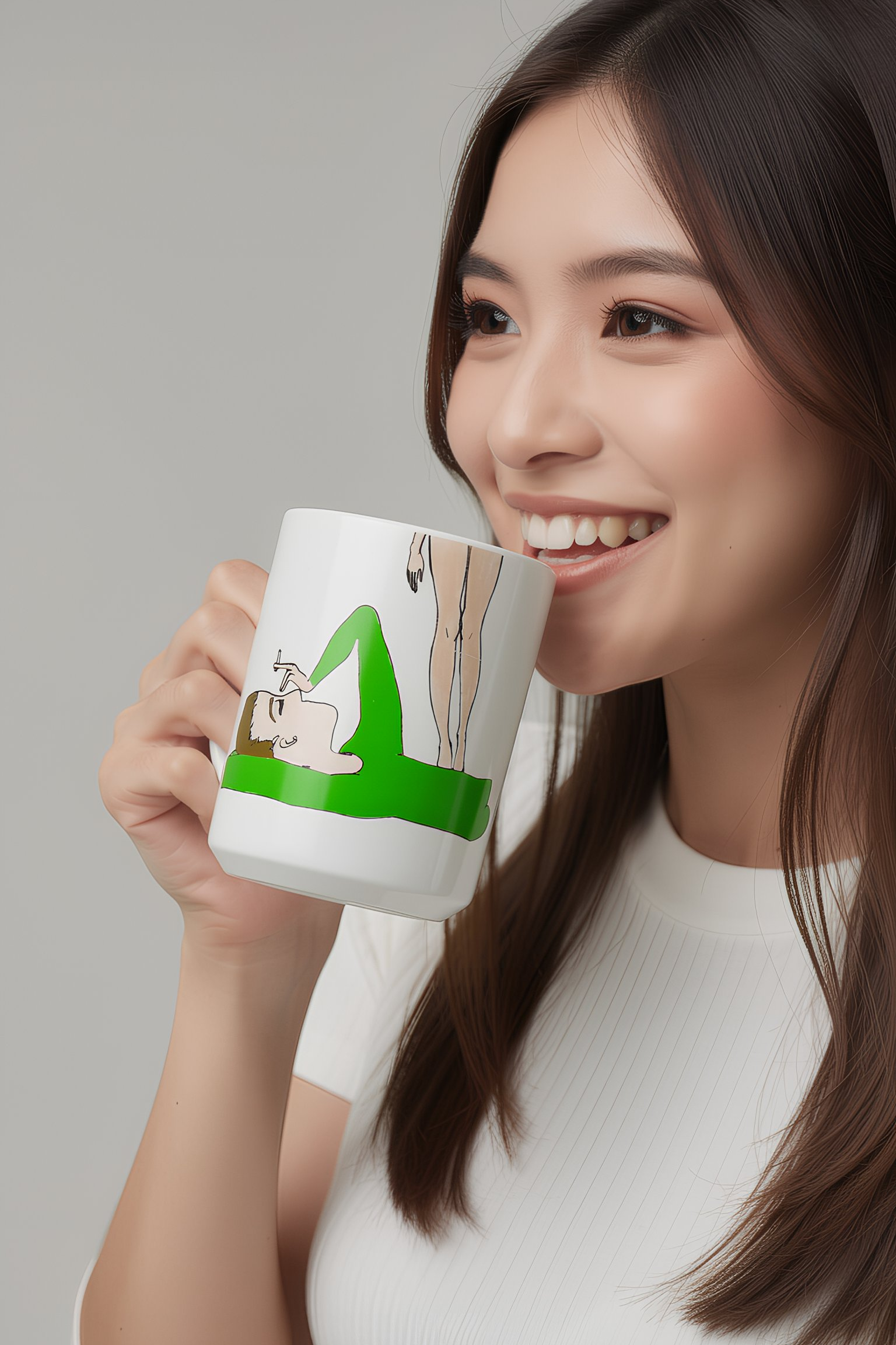 Foggy Coffee Mug model drinking from Foggy mug