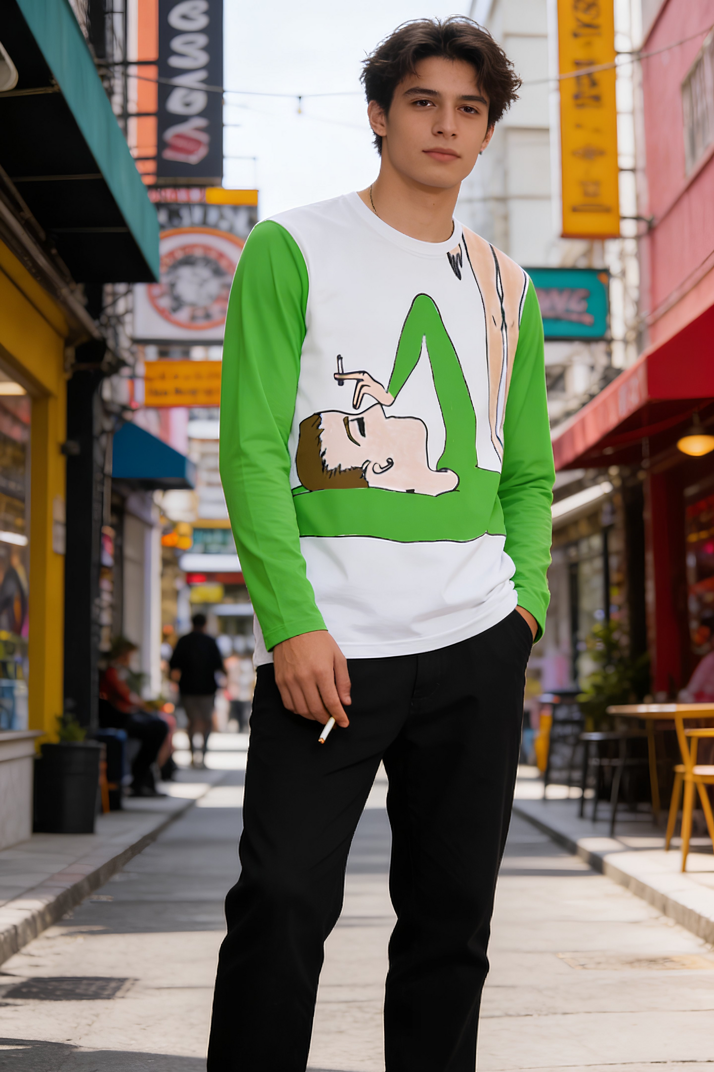 Foggy Men’s Long Sleeve Shirt lifestyle model wearing Foggy raglan shirt
