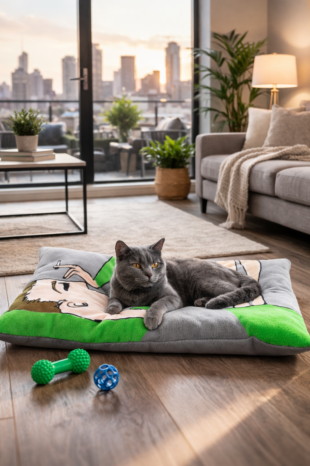Cat lying on the Foggy pet bed design with toys in a modern living room.