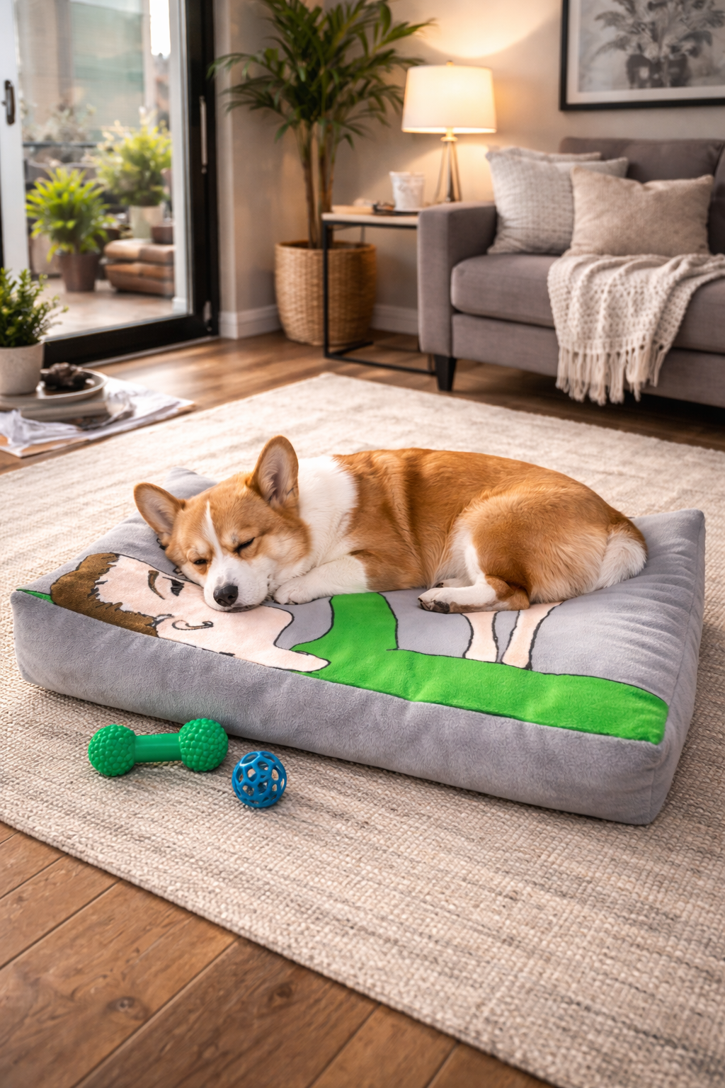 Dog lying on a puzzle-themed dog bed in a cozy living room.