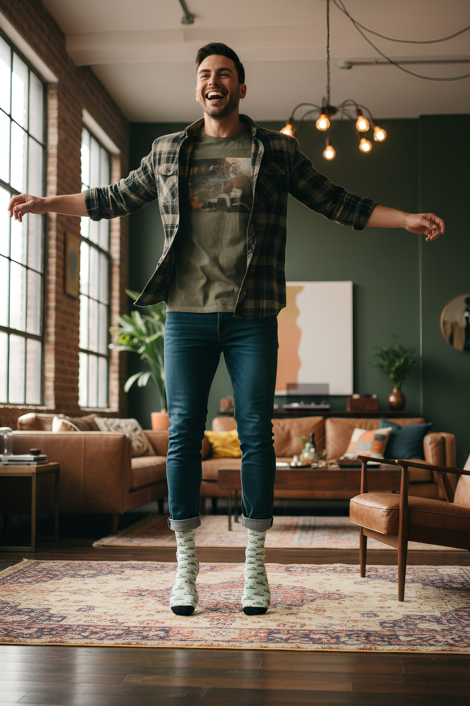 Foggy Crew Socks unisex green pattern lifestyle model wearing Foggy Socks
