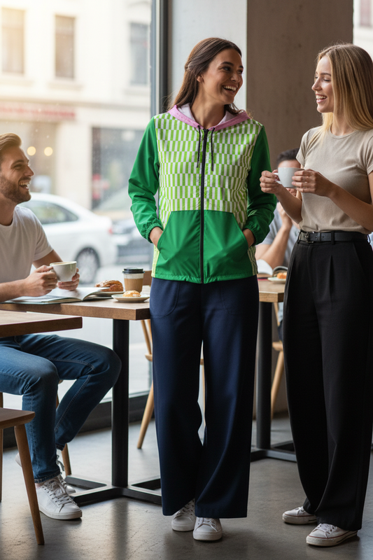Fresh Vibes Windbreaker jacket green and pink unisex hooded jacket lifestyle photo woman wearing jacket outdoors