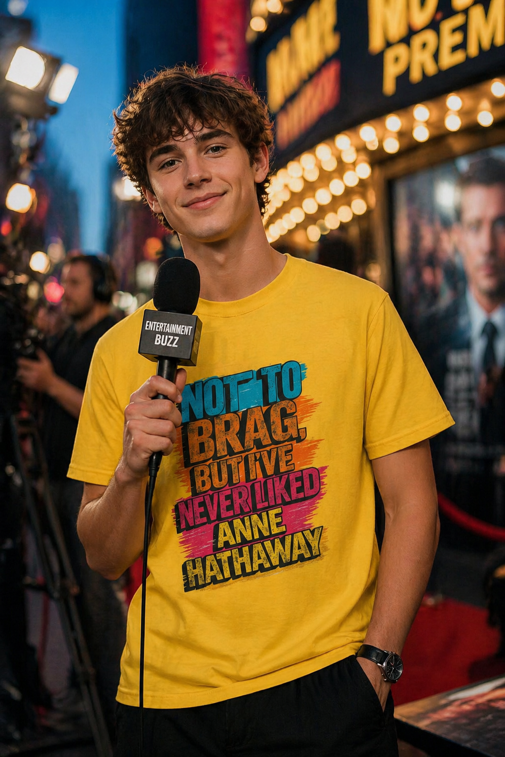 Young man wearing a funny Anne Hathaway t-shirt at a red carpet event, holding a microphone in a cinematic entertainment setting with bold sarcastic graphic tee design.