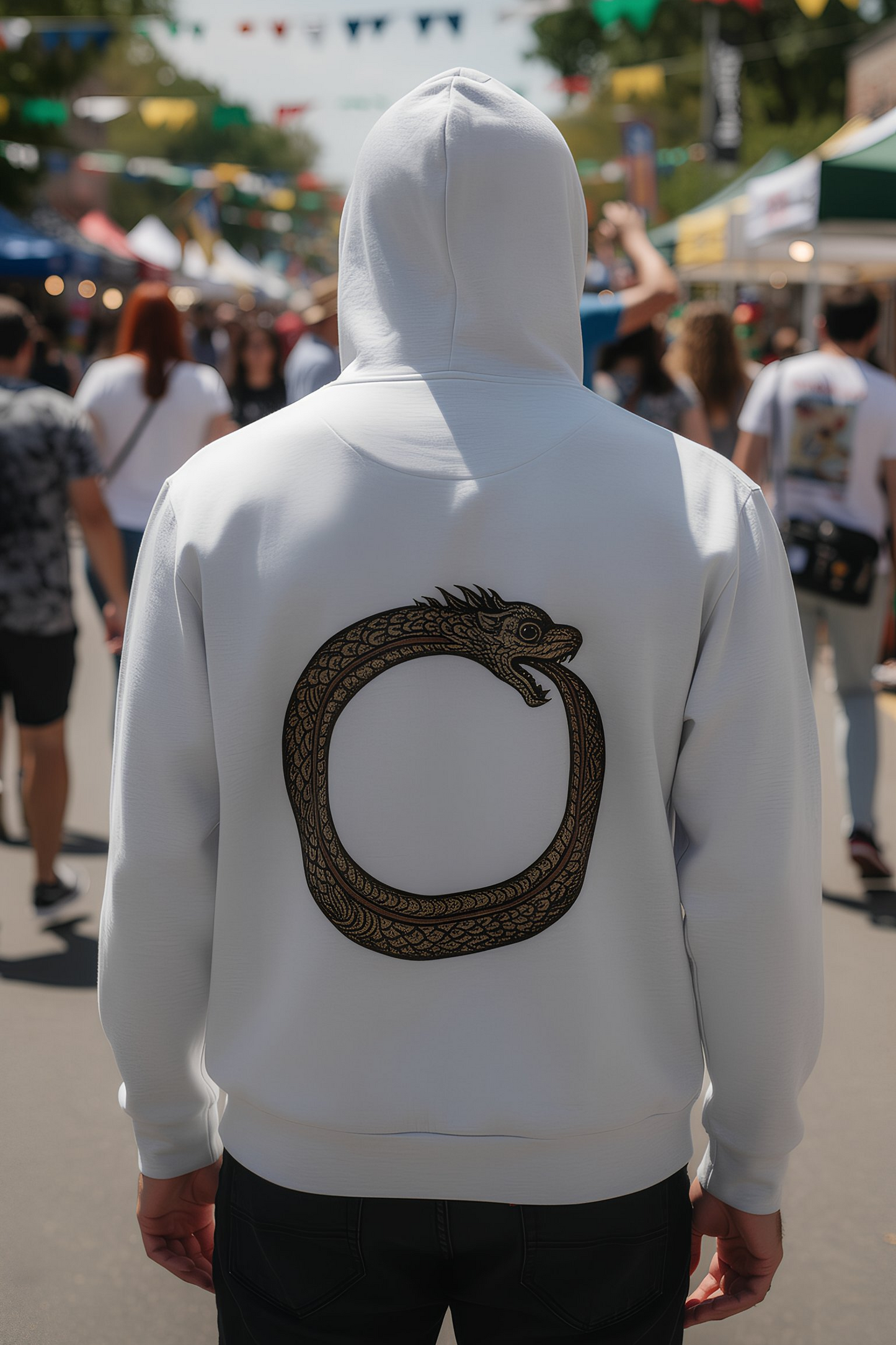 Person wearing white Good Karma hoodie from behind at outdoor street festival