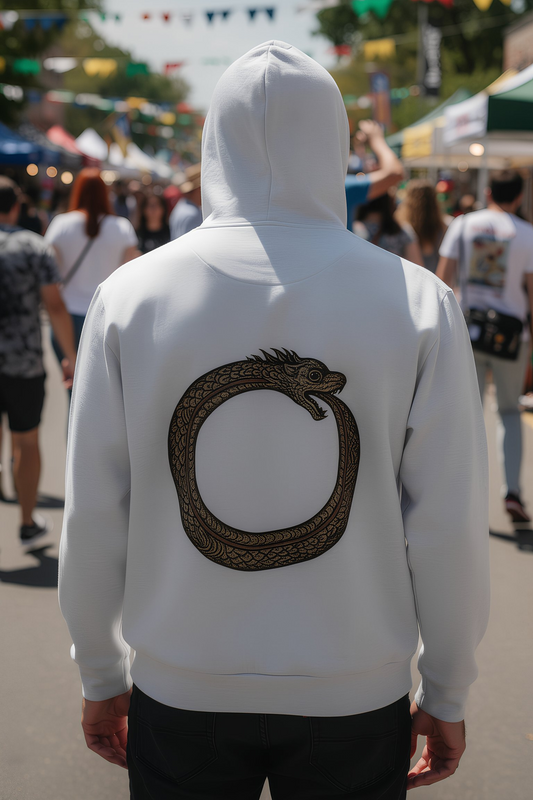 Person wearing white Good Karma hoodie from behind at outdoor street festival