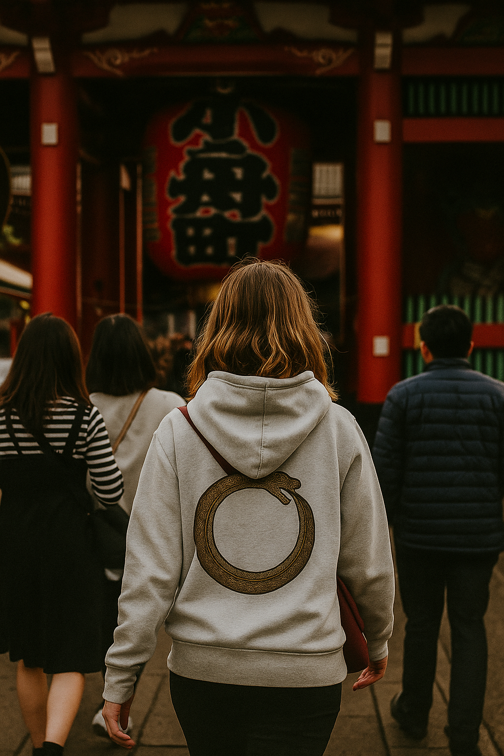Person wearing white Good Karma hoodie walking in front of temple gate