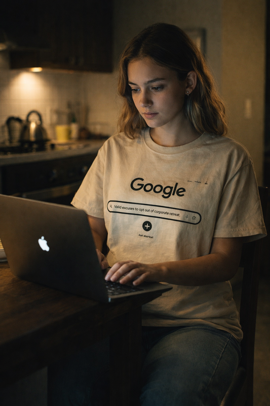 woman wearing corporate retreat excuses t shirt working on laptop at home
