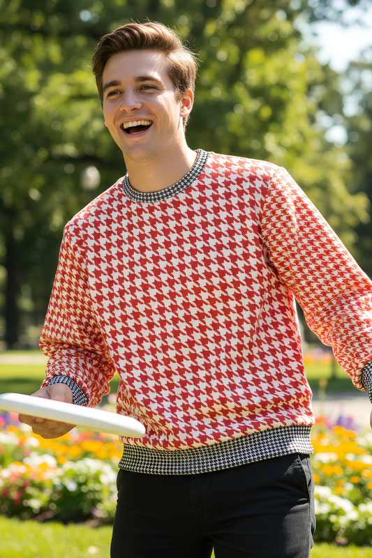 Man wearing red goose foot patterned sweatshirt outdoors in park, casual lifestyle look