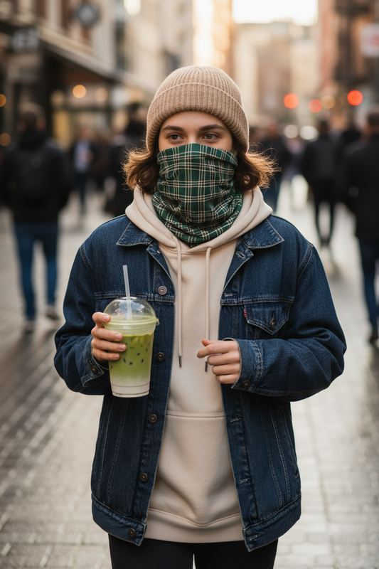 Green Plaid Tube Scarf worn as face covering by male model walking in city street