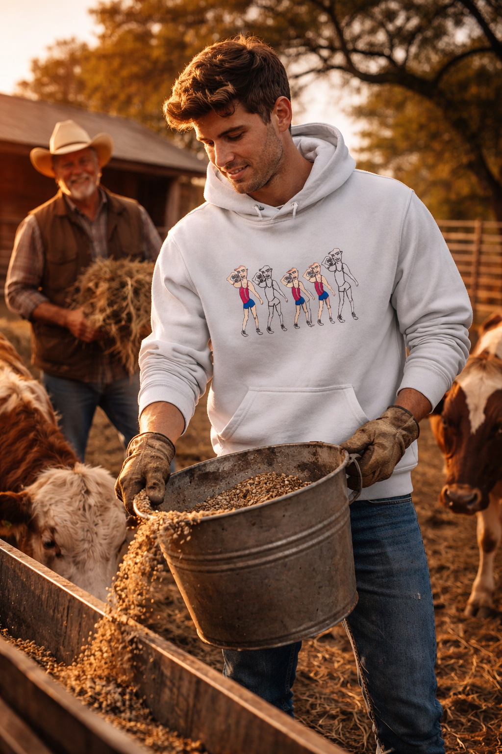 Gym Rat men's workout hoodie worn during outdoor farm work lifestyle scene athletic hoodie for training and active lifestyle