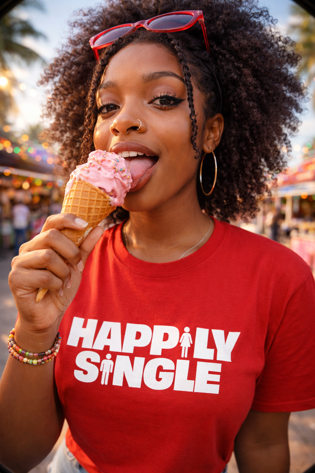 Woman eating ice cream wearing a 'Happily Single' shirt in an outdoor setting