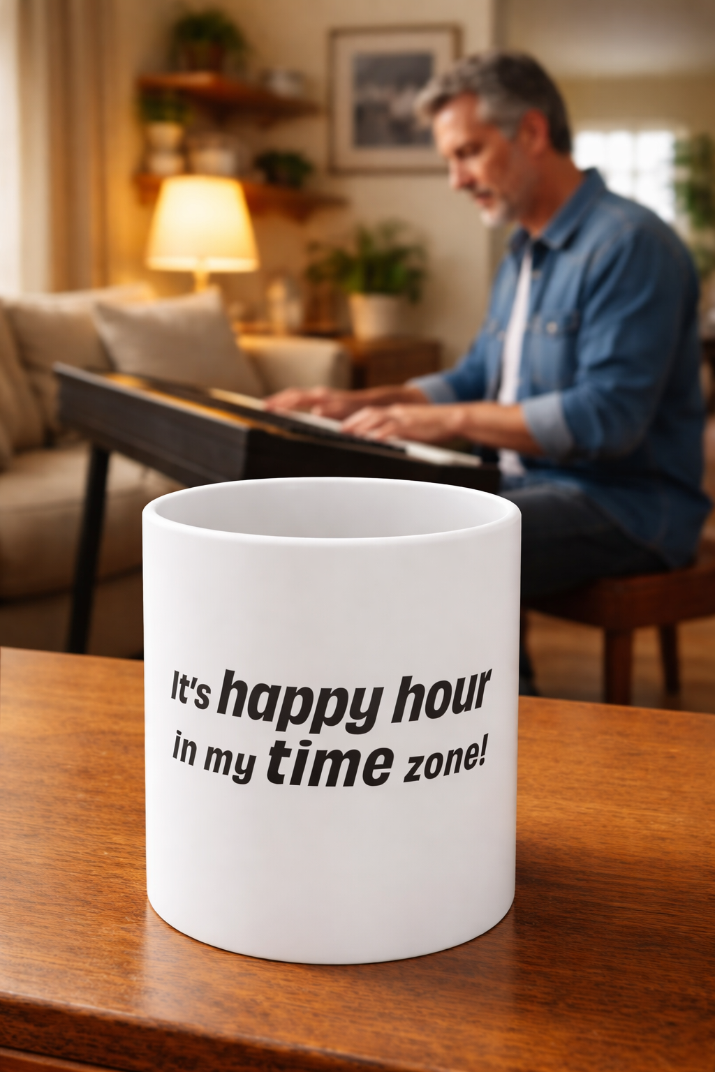 happy hour coffee mug on table with man working in background