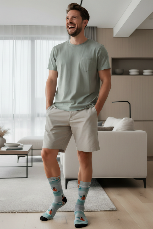 Hawaiian Tropical Crew Socks lifestyle model wearing colorful island socks indoors