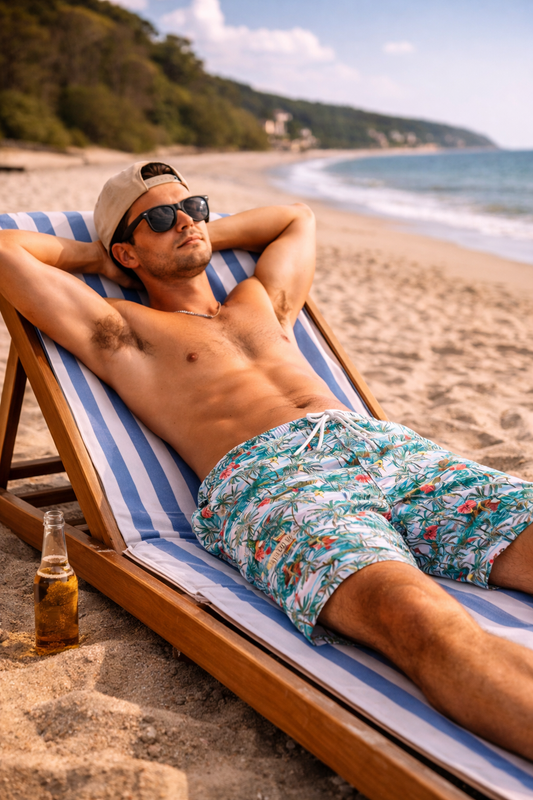 man relaxing on beach chair wearing green tropical hawaiian swim trunks with palm print