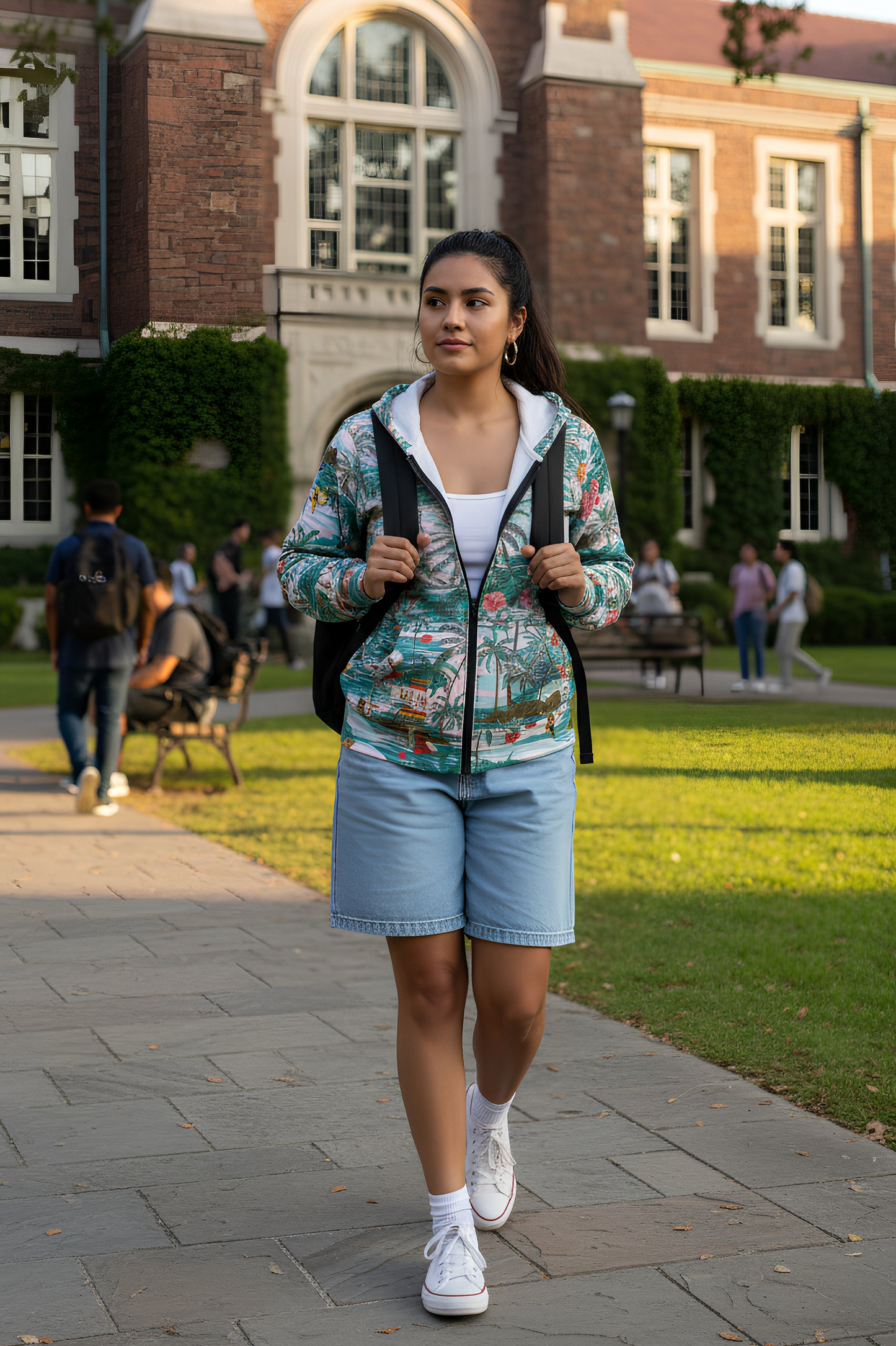 Hawaiian Zip Hoodie worn by woman walking on campus