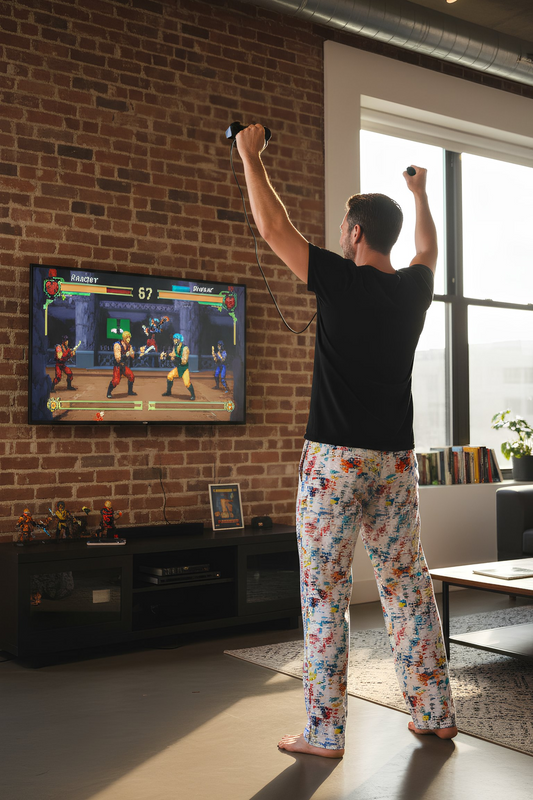Hip Tie Dye Men’s Pajama Pants worn by model gaming in living room