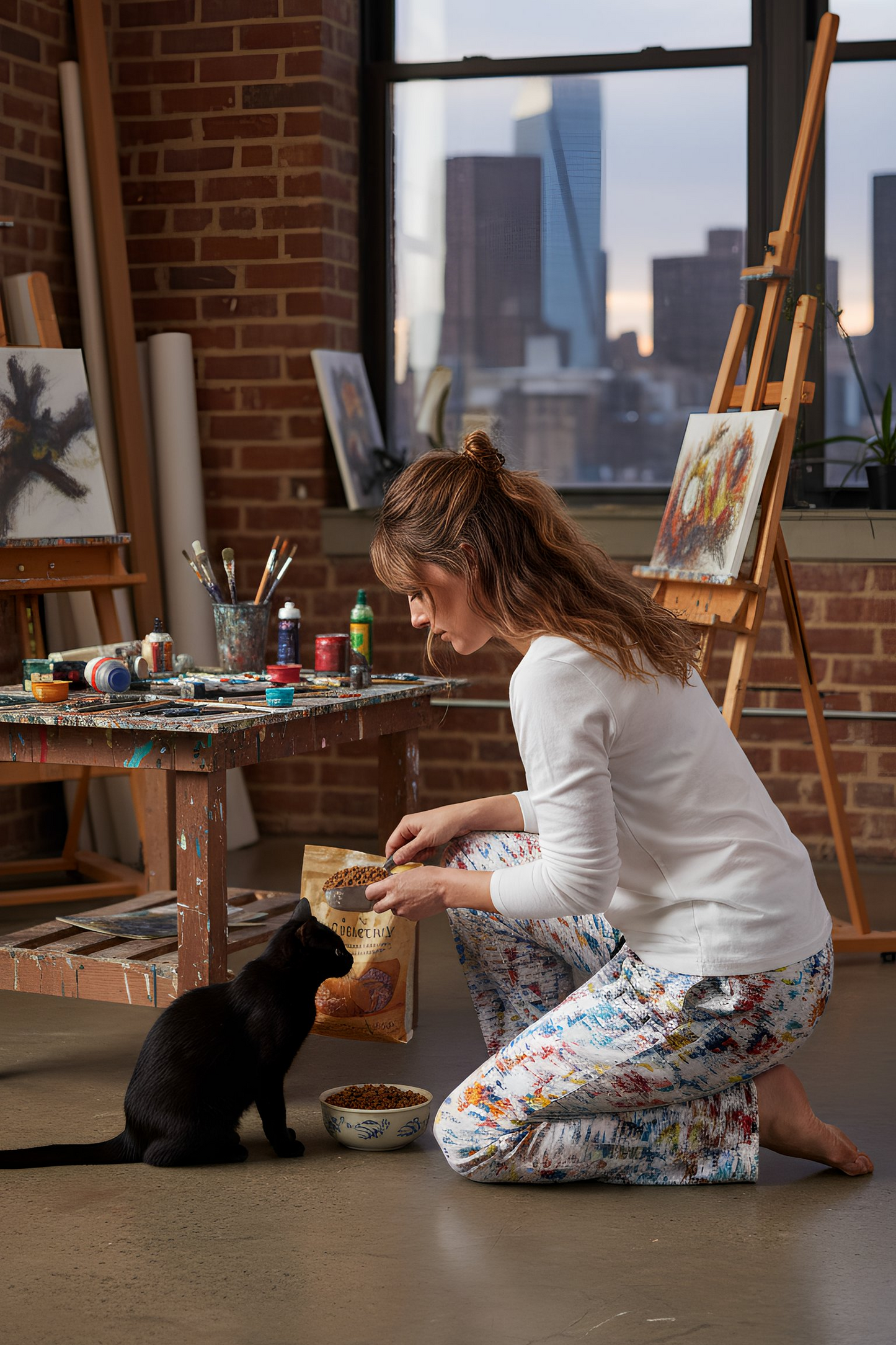 Hip Tie Dye Women’s Pajama Pants worn by model painting in studio