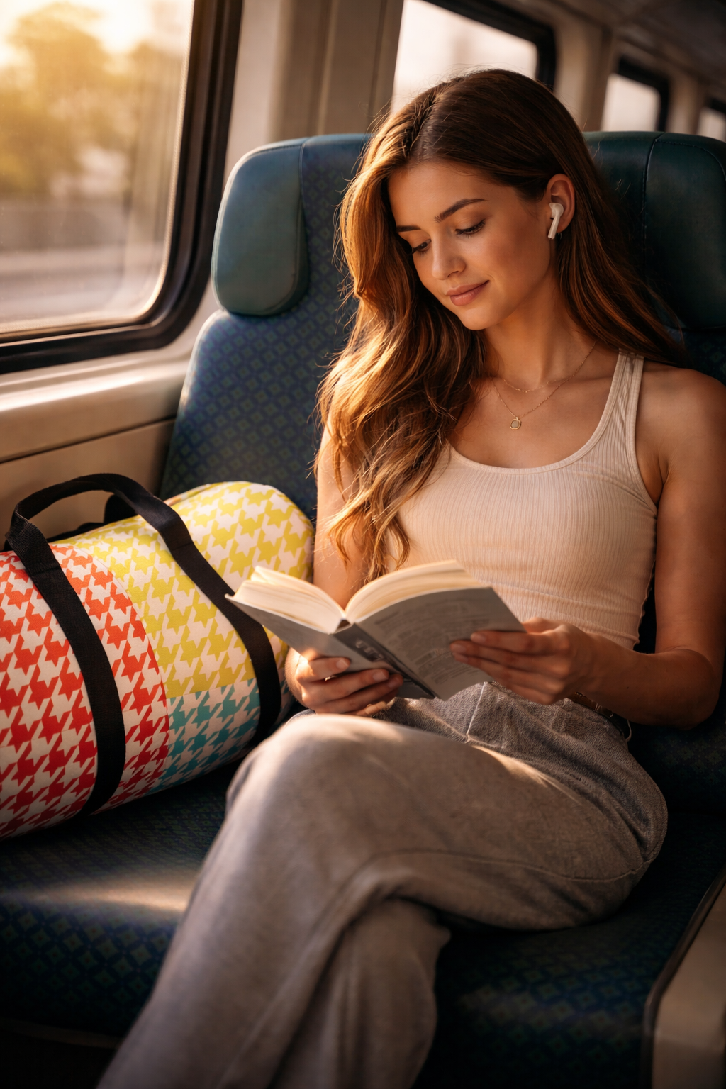 woman sitting on train with colorful houndstooth duffel bag travel weekender bag lifestyle