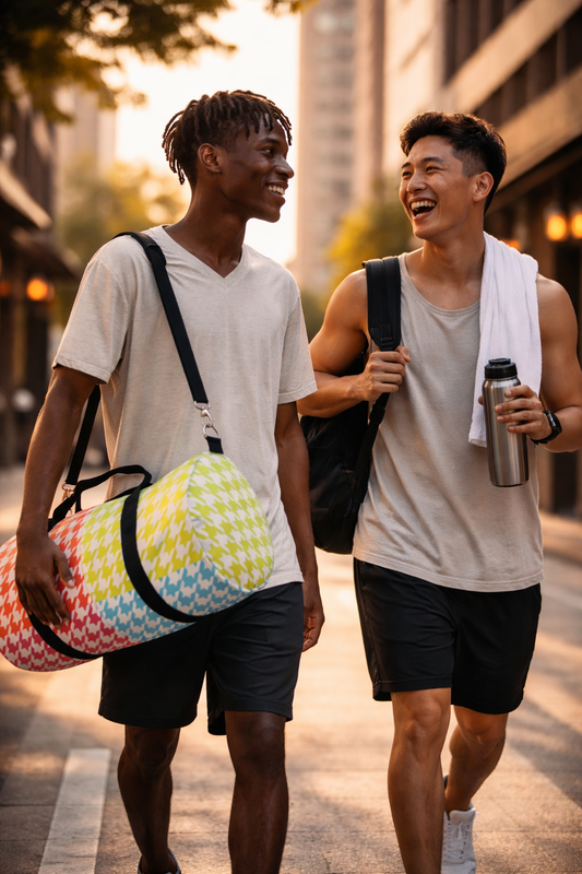 two men walking in city carrying colorful houndstooth duffel bag unisex travel gym bag lifestyle