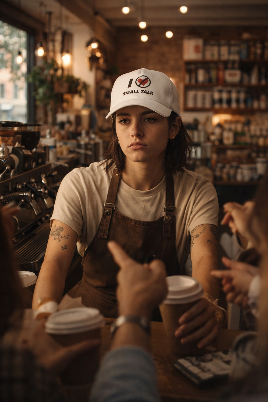 white i hate small talk baseball cap barista cafe lifestyle