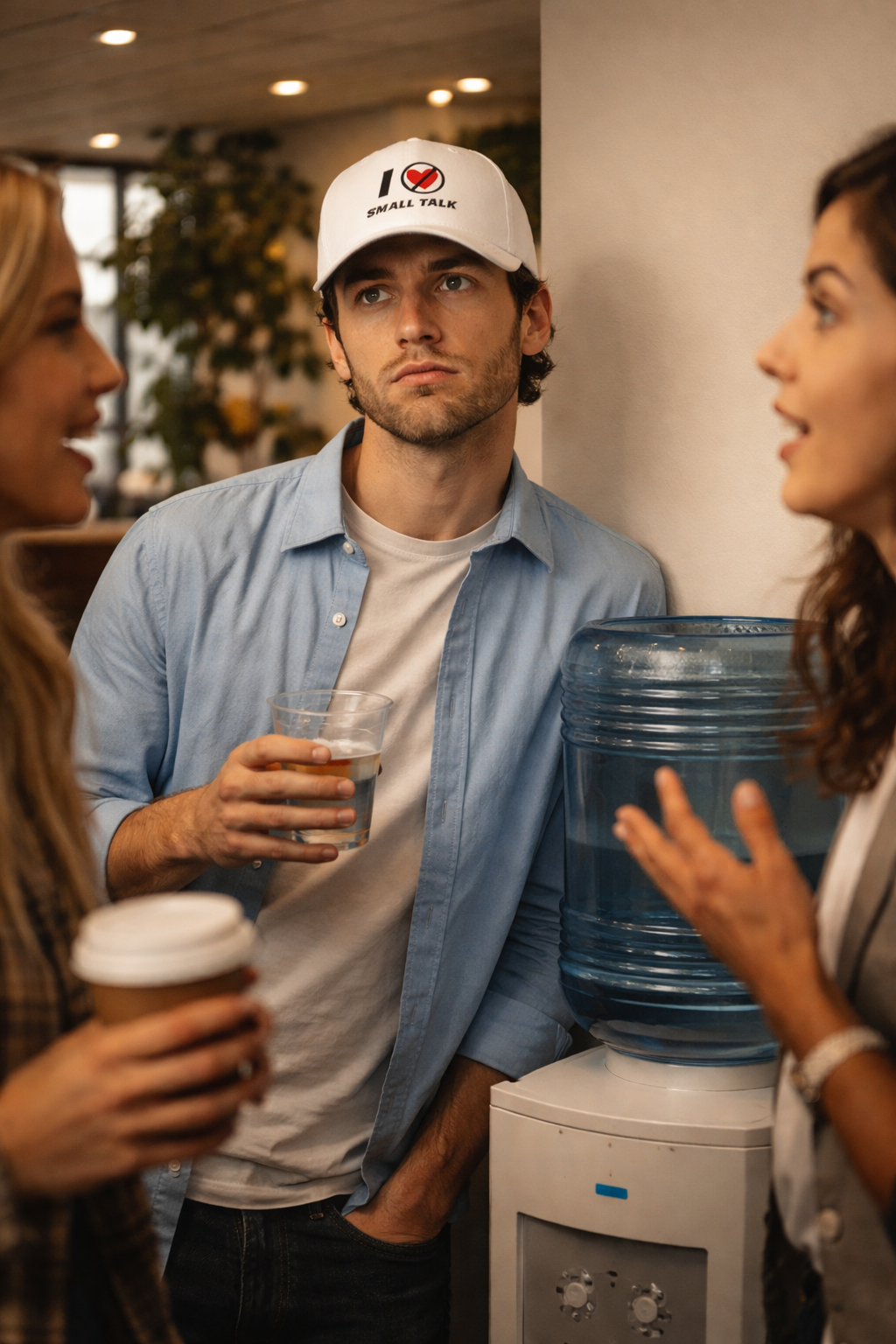 white introvert cap man talking holding drink social setting