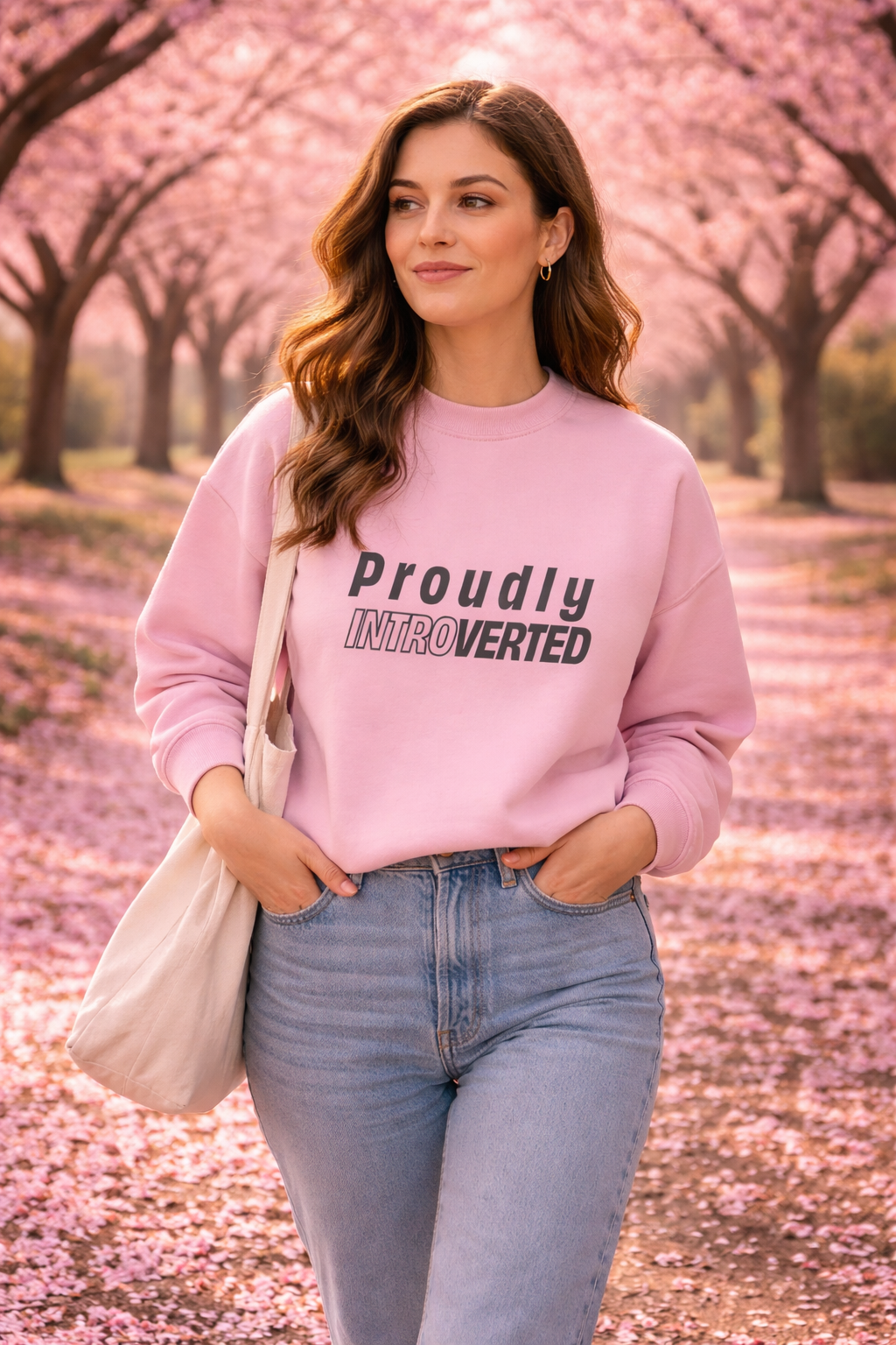 woman wearing pink introvert sweatshirt outdoor spring