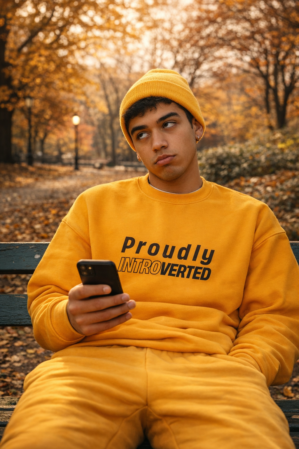 man wearing yellow proudly introverted sweatshirt sitting park autumn