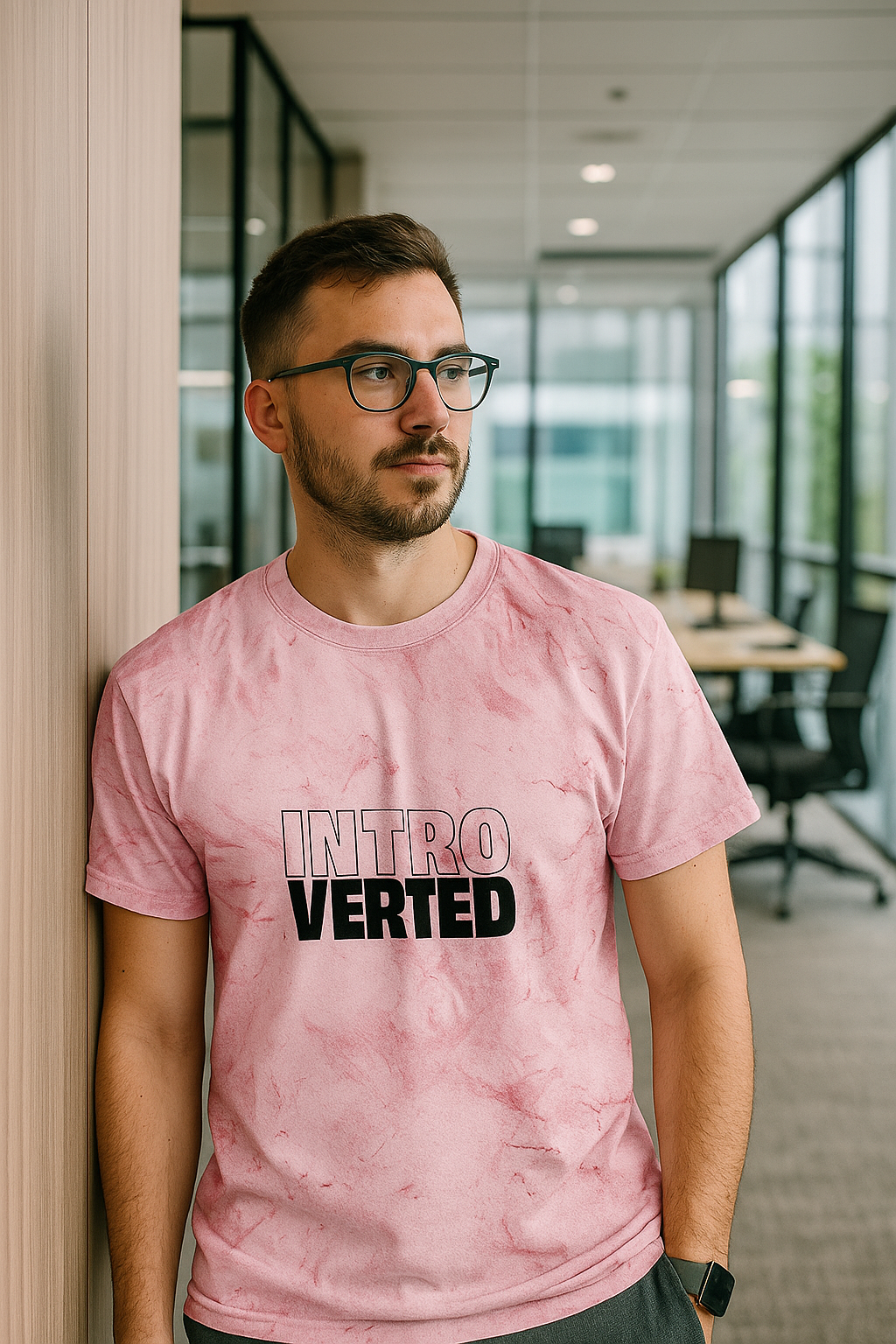 introverted color blast t-shirt pink tie dye unisex graphic tee male model office