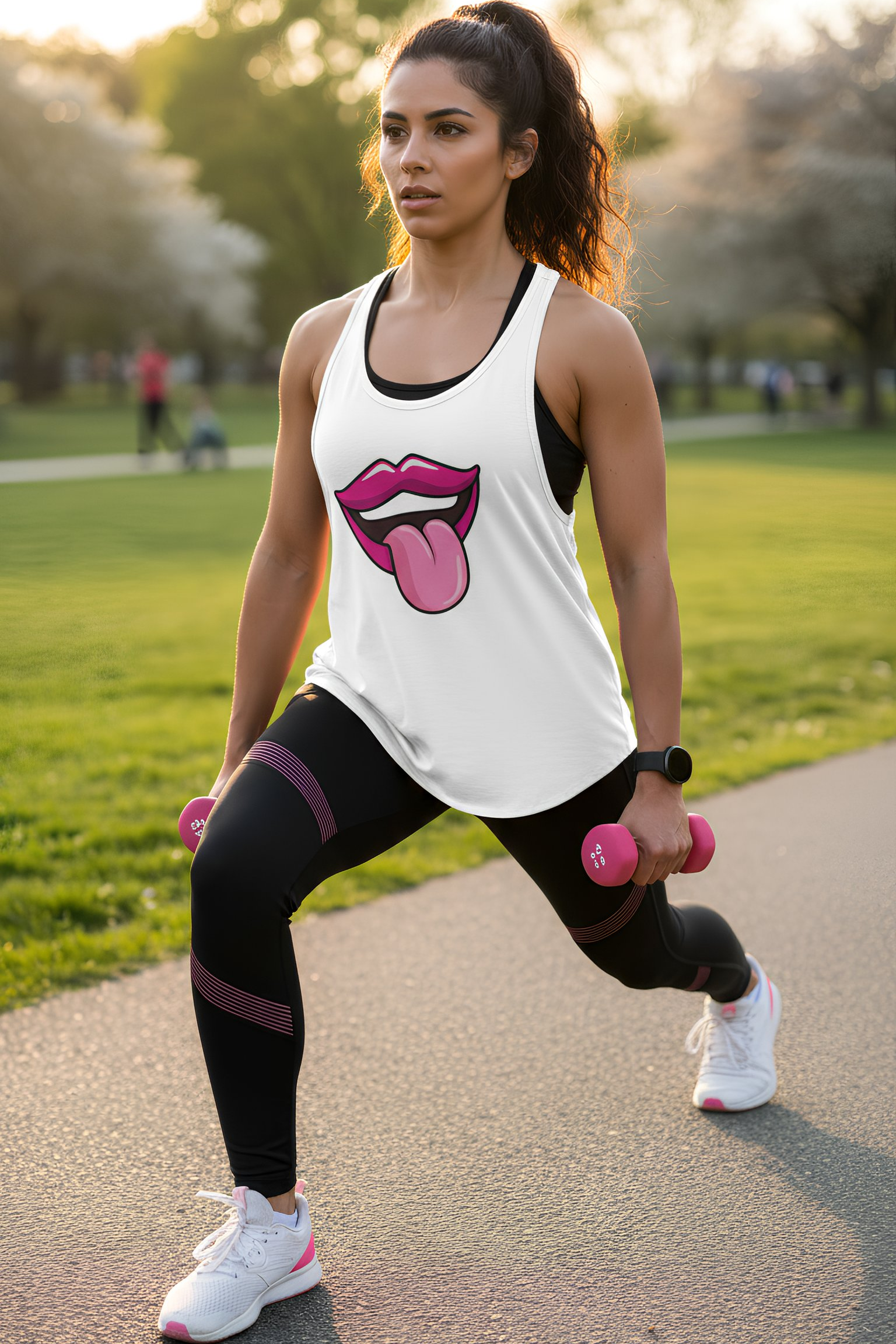 Model exercising outdoors wearing white Juicy Lips racerback tank