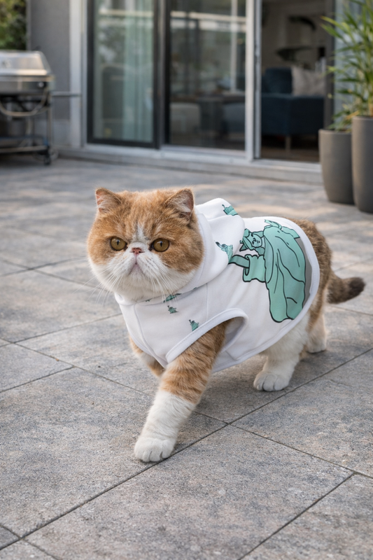 Cat wearing the Lady Liberty pet hoodie on a stone patio