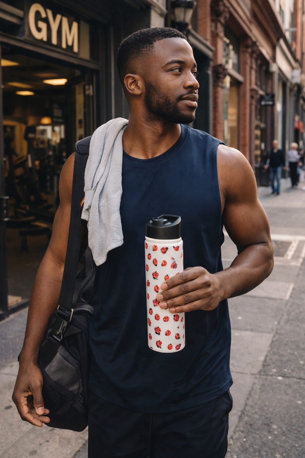 Ladybug Stainless Steel Water Bottle 18oz insulated reusable bottle with ladybug pattern held by athlete outdoors
