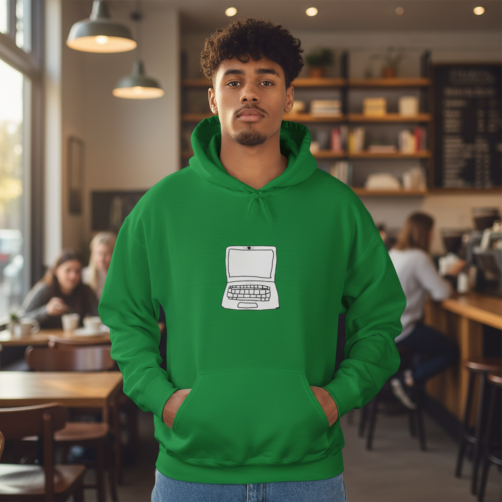 Person wearing green Unisex Laptop No Cam Hoodie in a café