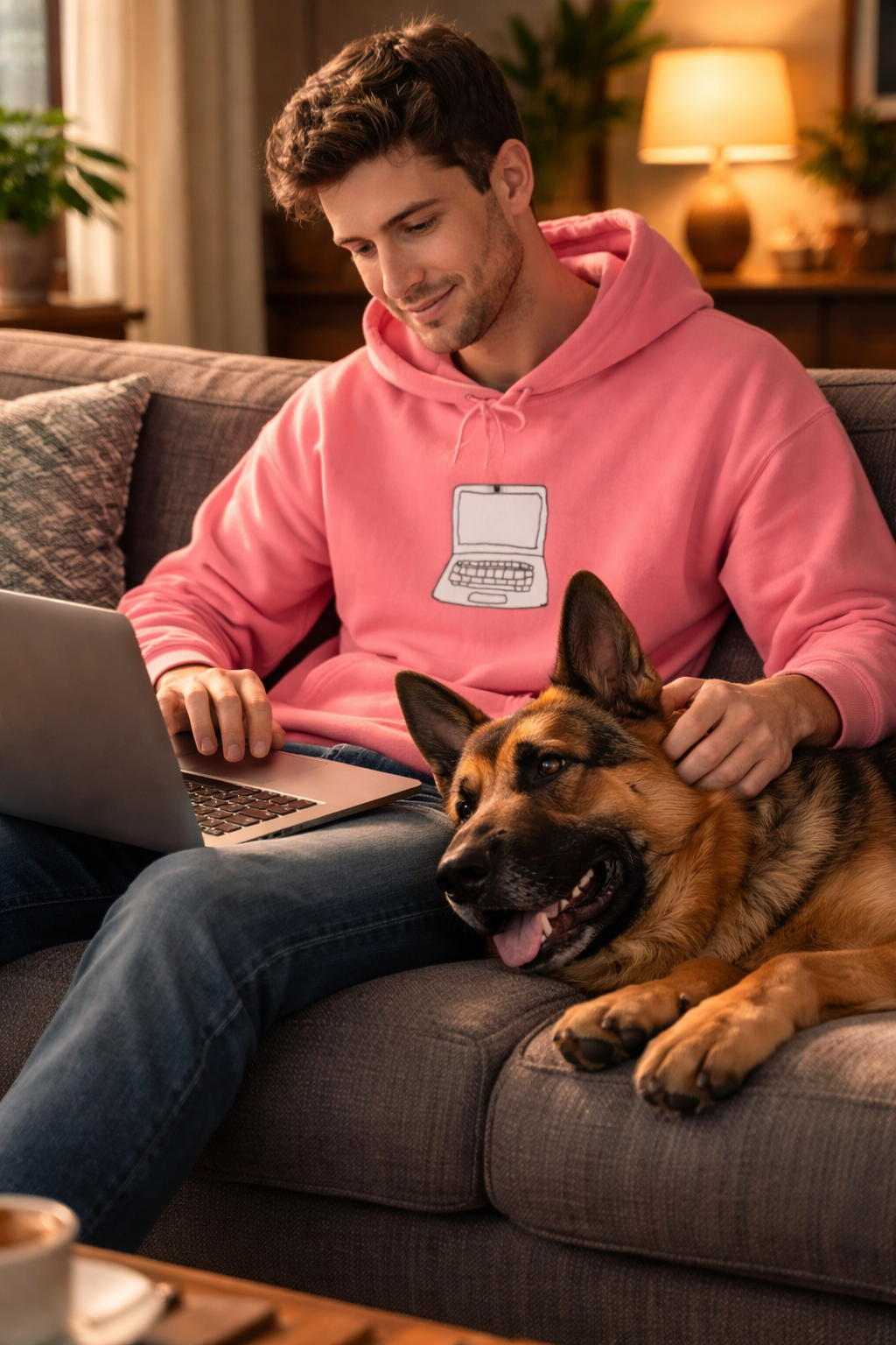 man wearing pink laptop no cam hoodie relaxing with dog at home
