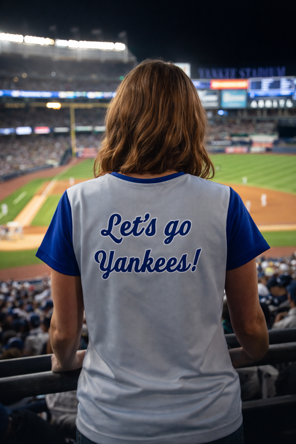woman wearing lets go yankees womens sports jersey at baseball stadium - fan apparel back view